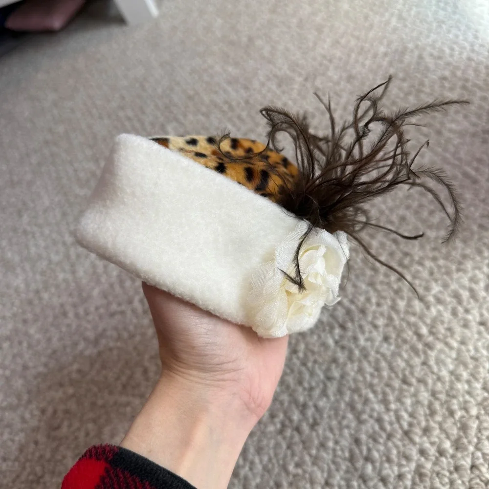 Kids Vintage Style Leopard Print Pillbox Hat with Rose and Feathers Cream